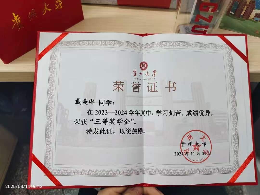 贵州大学三等奖学金证书 2023-2024