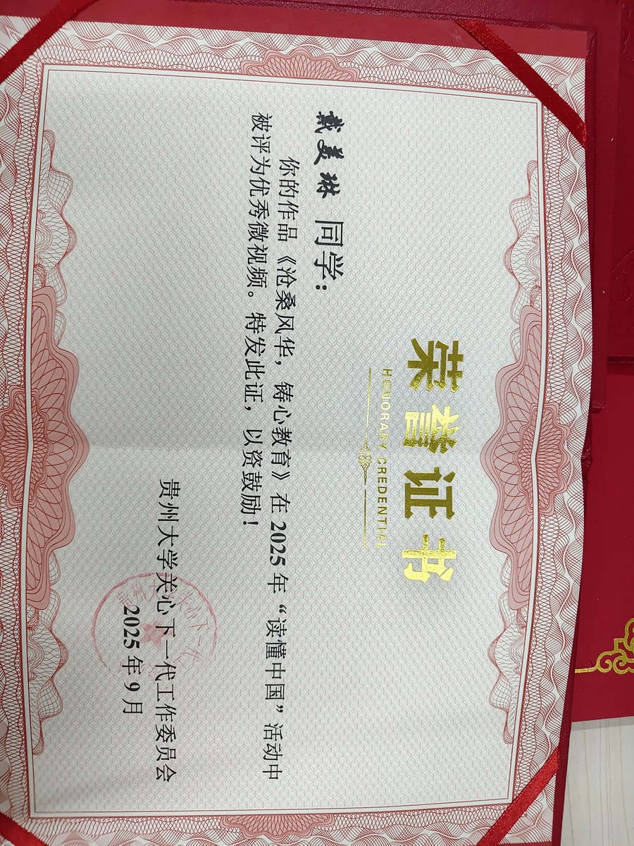 读懂中国 优秀视频奖 证书